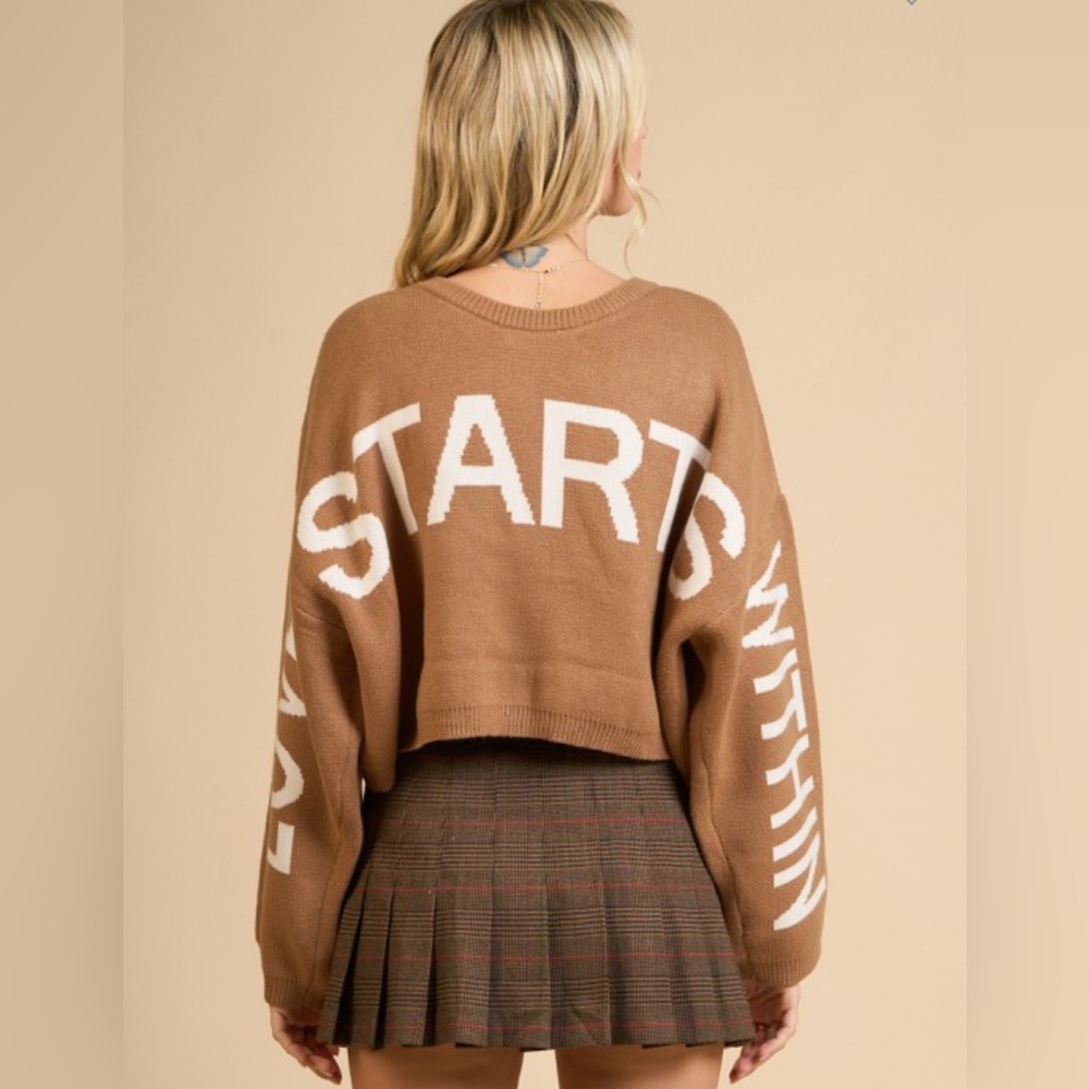 Hesperus, Mocha  LOVE STARTS WITHIN Crop boxy dolman Sweater, Size S m l